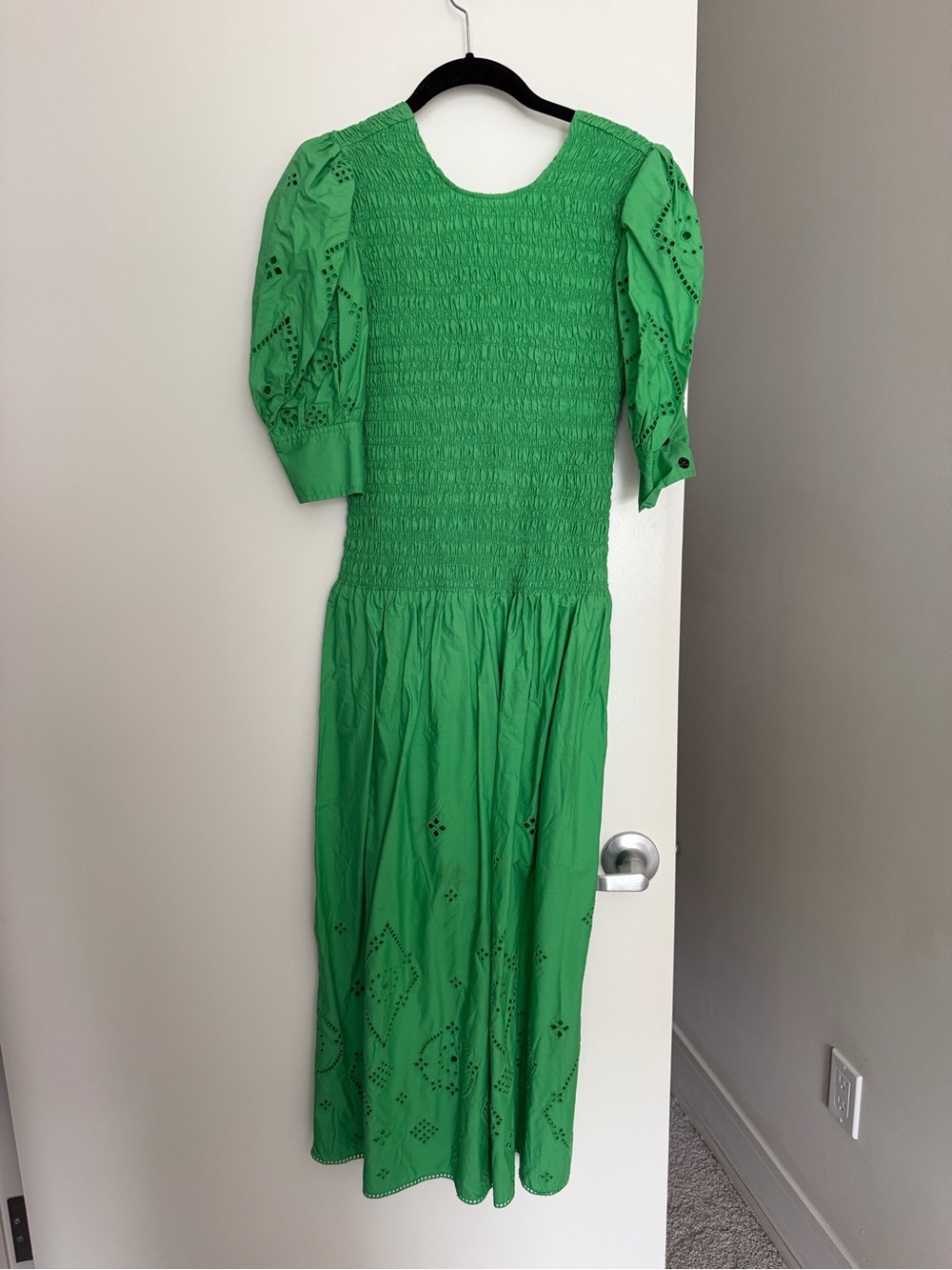 Ganni Bright Green Puff-Sleeve Midi Dress